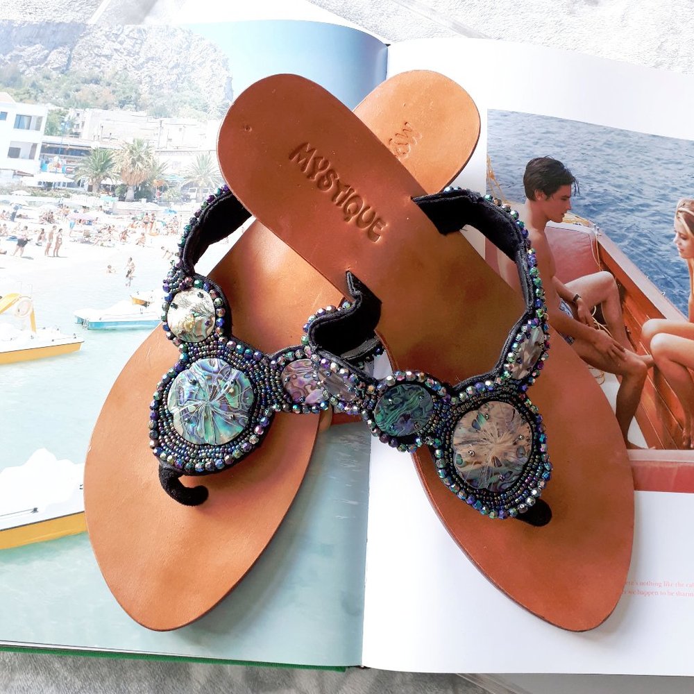 Mystique bead, sequin, natural shell disc embellished heeled flip flop sandals